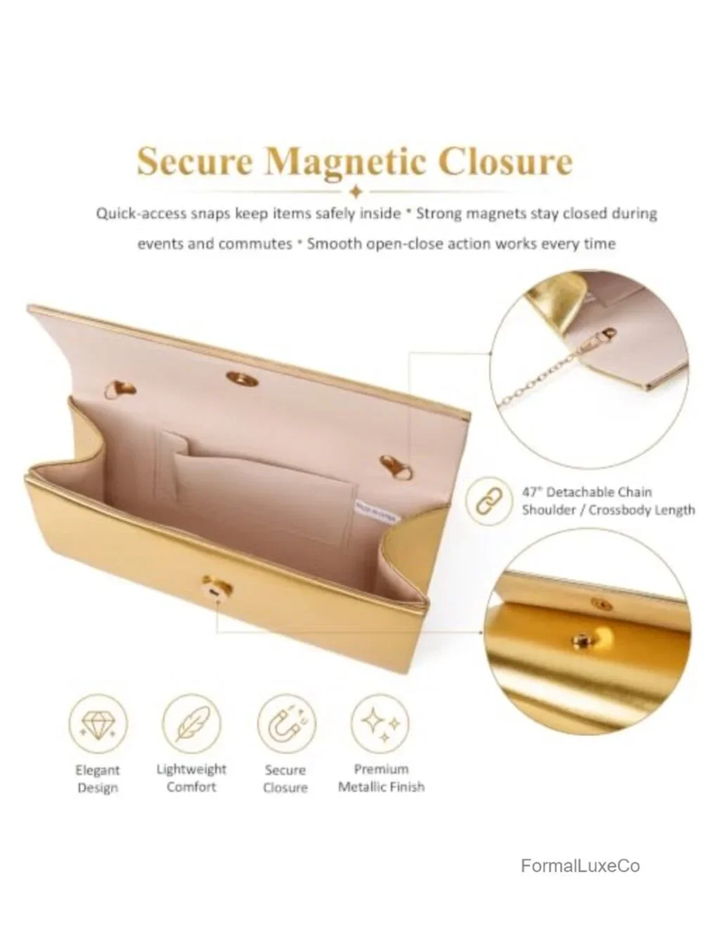 Vegan Leather Evening Clutch Purse with Chain Strap for Party Wedding